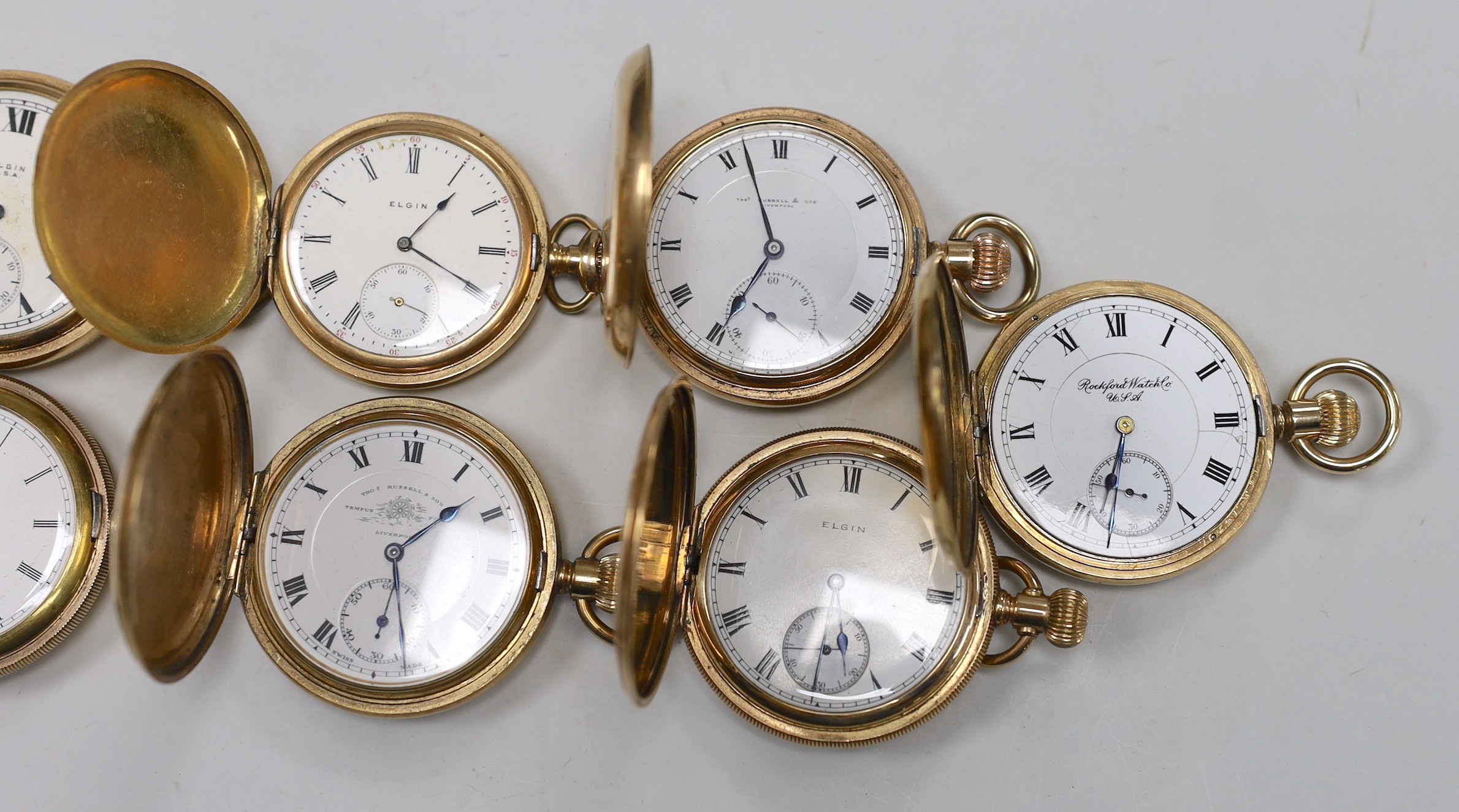 Nine assorted mainly late 19th/early 20th century gold plated hunter pocket watches including four Elgin, two Thomas Russell, two Waltham and one Rockford.